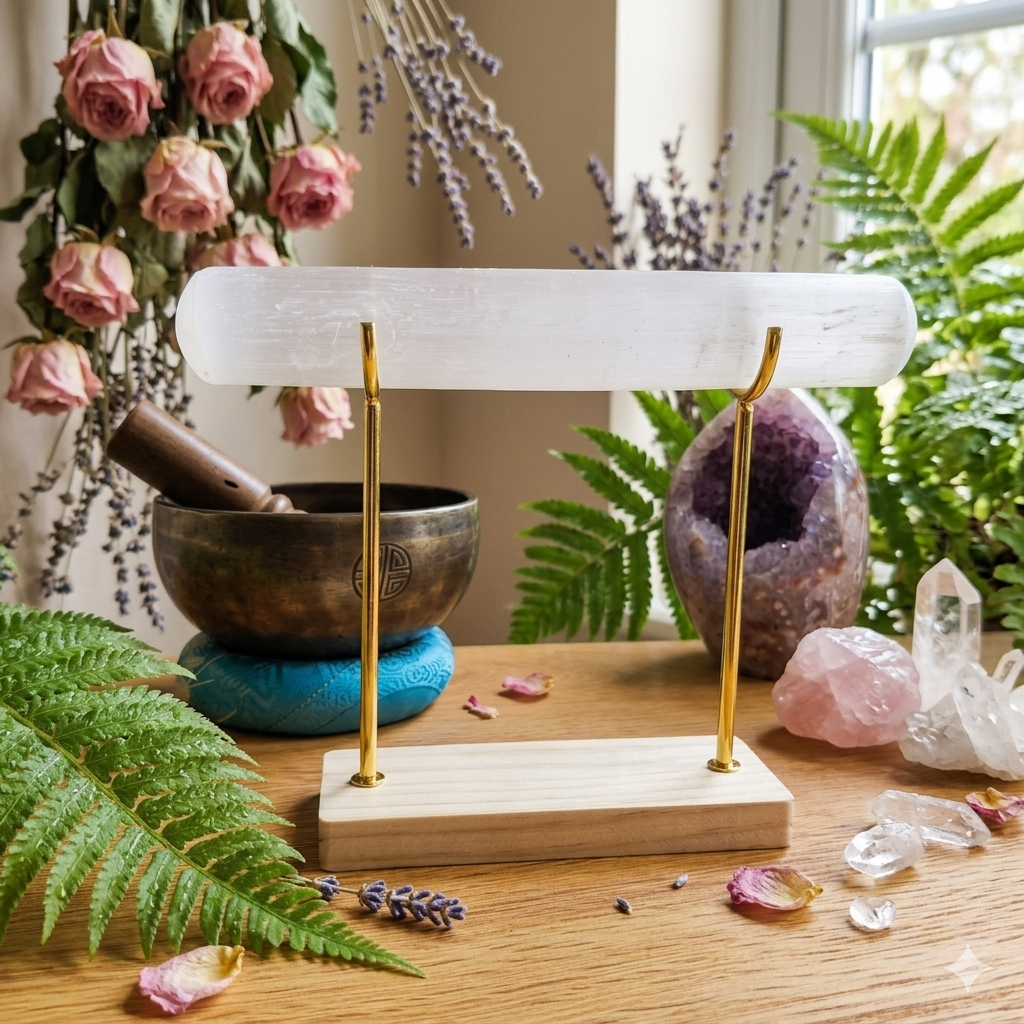 Selenite Wand with Wooden Gold Stand 3x20cm for Cleansing