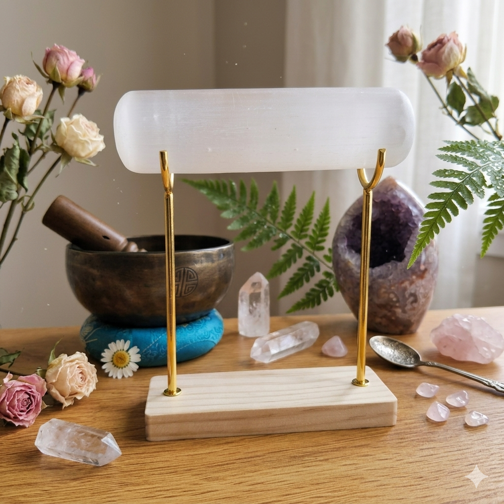 Selenite With Wooden Gold Stand 4x15cm for Cleansing & Recharge