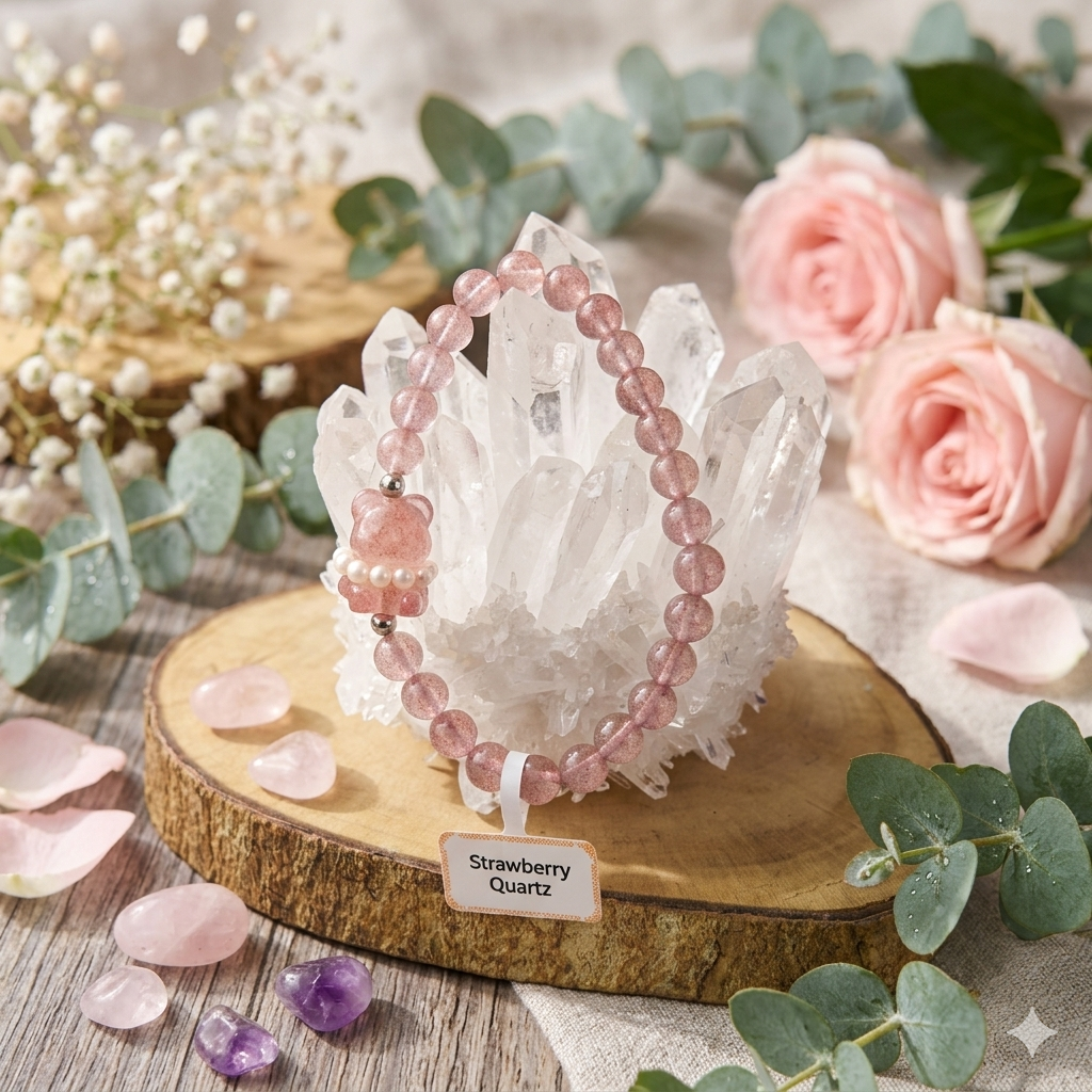 Strawberry Quartz with Bear Spacer Bracelet